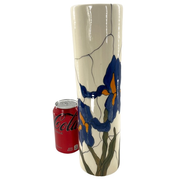 Vintage Japanese Otagiri Slender Off White Slender Vase w/ Blue Iris Motif 12.5" - Picture 8 of 11